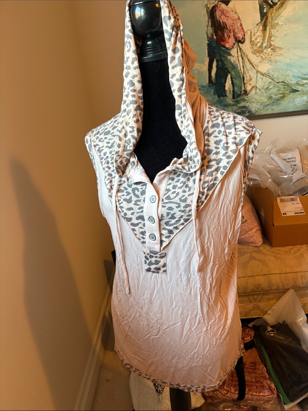 POL  Brand Blush Pink Sleeveless hoodie with Leopard Trim. Two piece set